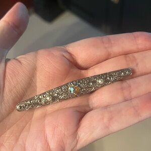 Vintage Art Deco Silver Tone Bar Brooch with Pearls and Pink Orange AB Stone